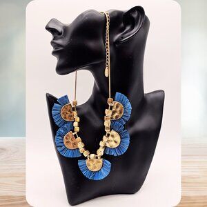 Time & Tru Gold Tone Blue Raffia Fan Statement Necklace